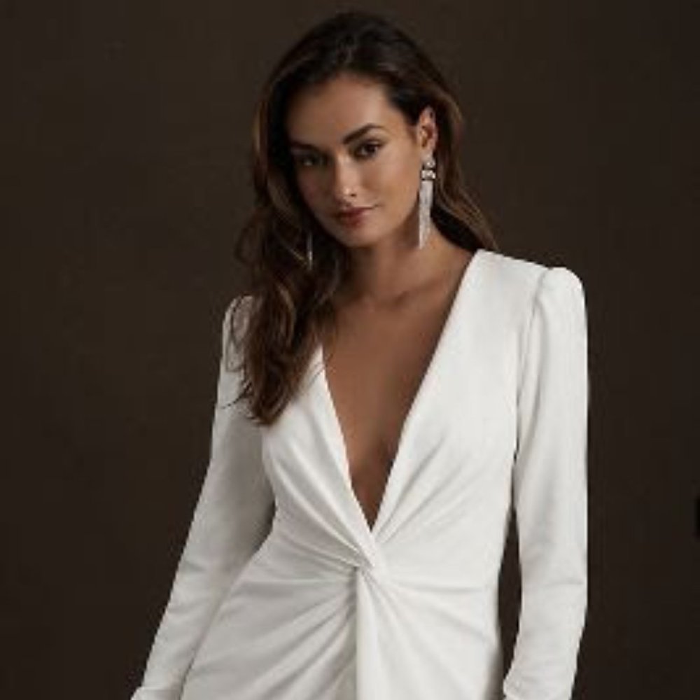 TADASHI SHOJI SABINE PLUNGE V-NECK TWIST-FRONT LONG-SLEEVE MINI DRESS